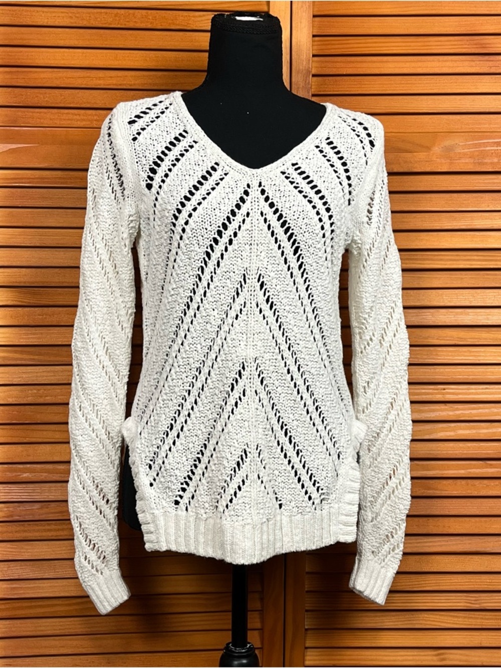 LOFT Ivory Open-Knit V-Neck Sweater